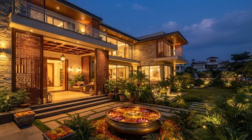 Heritage Jaali Courtyard Villa in Raipur at dusk